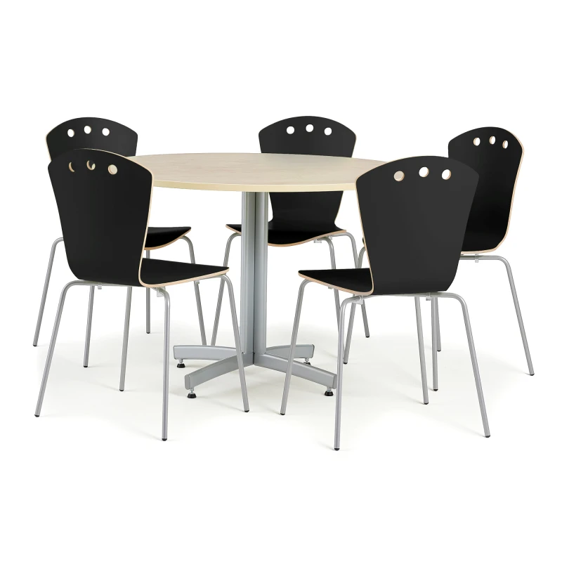 Jedálenská zostava: 1 stôl Ø1100 mm, breza + 5 stoličiek, čierna