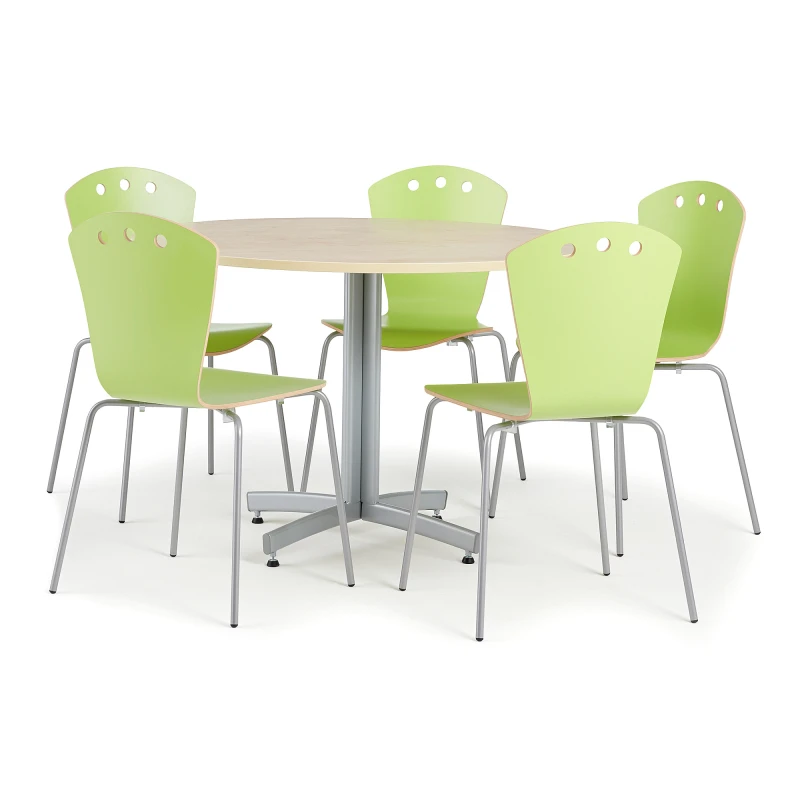 Jedálenská zostava: 1 stôl Ø1100 mm, breza + 5 stoličiek, zelená