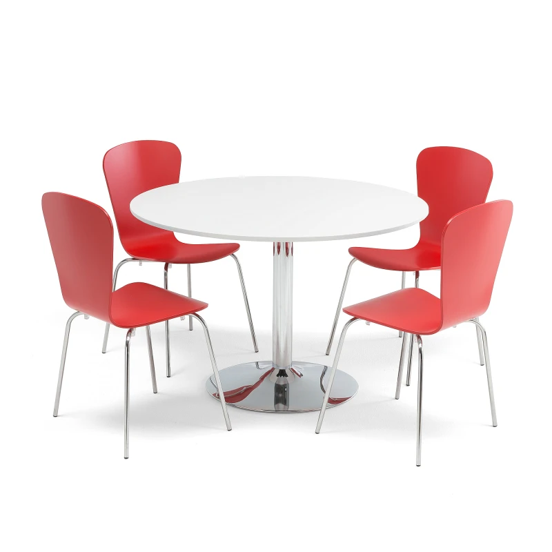 Jedálenská zostava: stôl Ø1100 mm, biely + 4 stoličky, červená