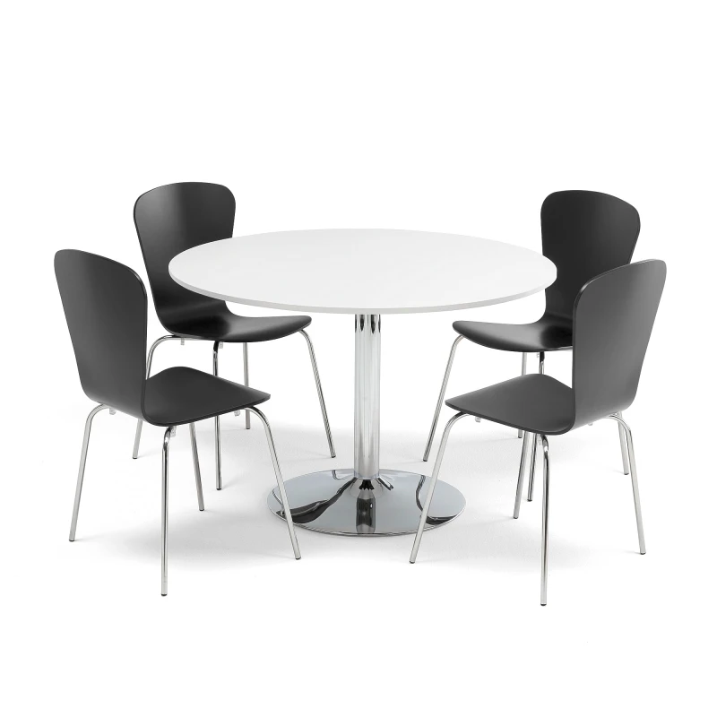 Jedálenská zostava: stôl Ø1100 mm, biely + 4 stoličky, čierna
