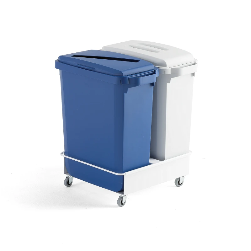 Odpadkové koše na triedenie odpadu, 2 x 60 L (šedá a modrá) + vozík