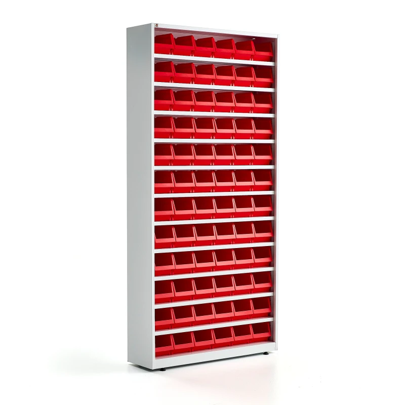 Regál s plastovými boxmi, 72 červených boxov, 2000x950x250 mm