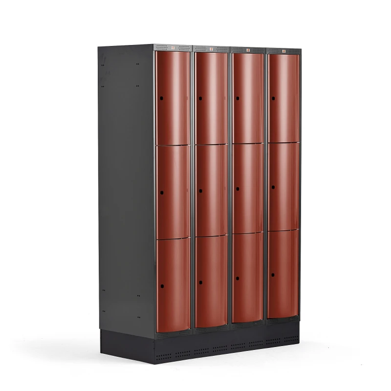 Šatňová skrinka CURVE, so soklom, 4x3 dvere, 1890x1200x550 mm, červená